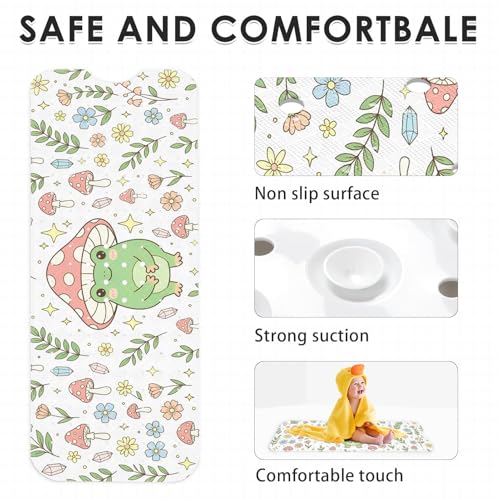 Green Cute Frog Mushrooms Bathtub Shower Mat Summer Leaf Flower Non-Slip Tub Mat Extra Long Bath Floor Mats 40X16 Inch Machine Washable for Bathroom Tub Bath Mat for Toddler and Baby - color: Green Frog Mushrooms