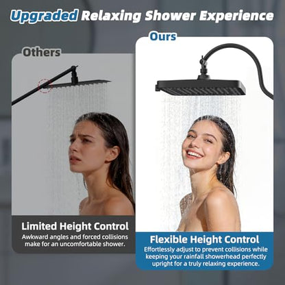 Hibbent 13'' Rain Shower Head with 12'' Shower Extension Arm, Matte Black | High Pressure 5 Modes Rainfall Shower Head with Solid Brass Adjustable Shower Arm Extender, Waterfall fixed Square Showerhead - color: Matte Black