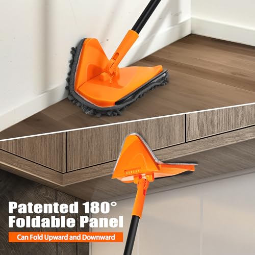 JEHONN Wall Mop with Long Handle 80 inches, Upgraded 180° Collapsible Baseboard Cleaner Tool with Squeegee, Ceiling Duster with 3 Microfiber and 3 Chenille Pads for Cleaning Window, Cabinet (Orange) - color: Orange