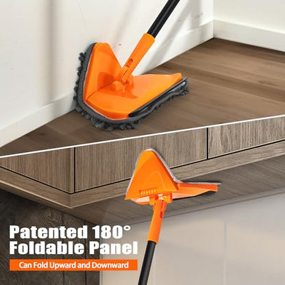 JEHONN Wall Mop with Long Handle 80 inches, Upgraded 180° Collapsible Baseboard Cleaner Tool with Squeegee, Ceiling Duster with 3 Microfiber and 3 Chenille Pads for Cleaning Window, Cabinet (Orange) - color: Orange
