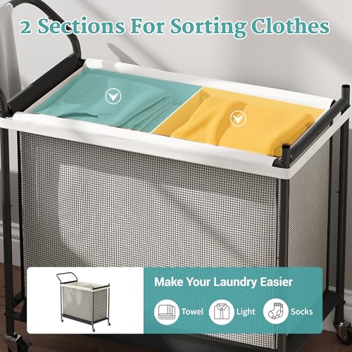 Laundry Hamper with Wheels - 2 Section Laundry Basket 140L, Removable Washable Bags, Height-Fitted Rolling Laundry Cart for Laundry Room & Bedroom - size: 140L(2-Section)