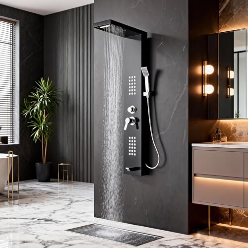 5-in-1 Shower Panel Tower System - Brushed Black | 304 stainless steel Shower Panel Tower Column with Powerful Body Jets, Rainfall, Waterfall,Handheld and Tub Spout - color: Brushed Black, style: LSH-8001