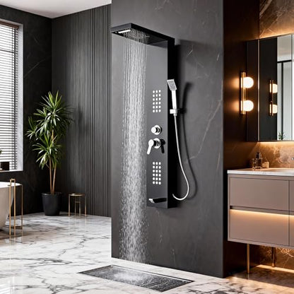 5-in-1 Shower Panel Tower System - Brushed Black | 304 stainless steel Shower Panel Tower Column with Powerful Body Jets, Rainfall, Waterfall,Handheld and Tub Spout - color: Brushed Black, style: LSH-8001