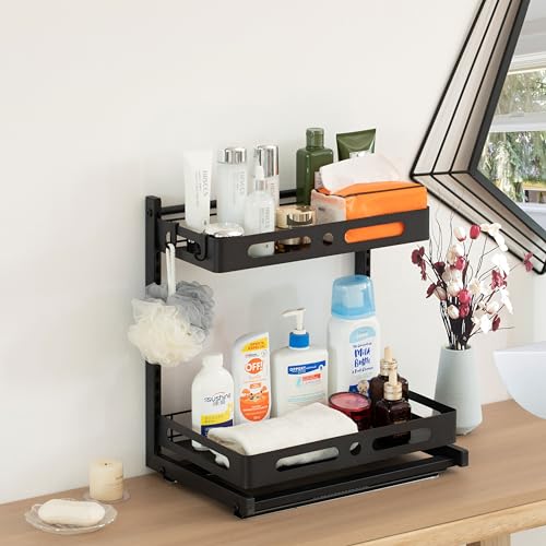 Adjustable Height Under Sink Pull-Out Organizer Sliding Shelf Rack Heavy-Duty Mesh Baskets for Kitchen & Bathroom Cabinets Ideal for Tall Bottles Cleaning Supplies & Tight Spaces, Set of 2 - size: Set of 2