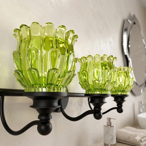 3-Light Bathroom Vanity Light Fixture Wall Mounted Mirror Front Lamp | with Water-Lily Shaped Green Crystal Glass Shade, Modern Black Antique Finish Lamp for Mirror Kitchen Living Room Hallway - size: 3-Light (Water-Lily Shaped)