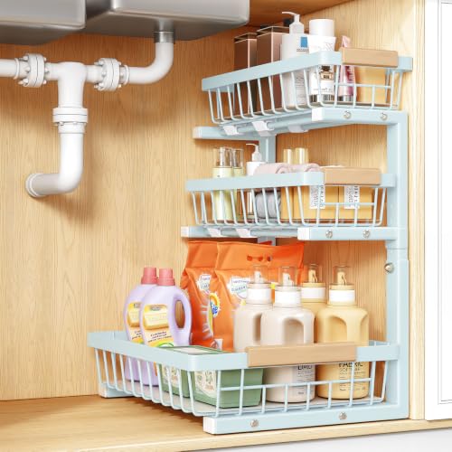 PXRACK Under Sink Organizer, 1-Pack 3-Tier Height Adjustable Thickened Metal Pull out Cabinet Organizer Shelf, Slide out Storage Drawer Rack for Bathroom Kitchen Pantry Home Organization, LightBlue - color: LightBlue, size: 1-Pack
