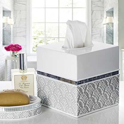 Mirror Damask White & Gray Square Resin Tissue Box Cover with Bottom Slider - color: Square Tissue Box Cover