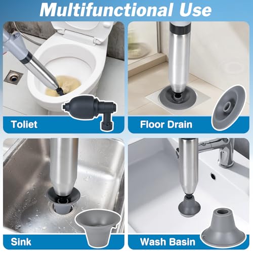 High Pressure Toilet Plunger, Toilet Snake Air Drain Blaster with Real -Time Barometer, Heavy Duty Drain Clog Remover for Bathroom, Floor, Shower, Kitchen Clogged (Gery-Manual)