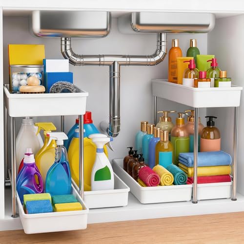 2-Tier Under Sink Organizer with Smooth Rolling Wheels, Pull-Out Bottom Storage Drawer with Easy-Lift Handle, Metal & Plastic Sliding Cabinet Organizer for Kitchen & Bathroom, White, 2 Pack - color: White