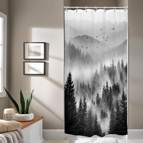 Riyidecor Black White Mountain Rustic Pine Tree Bathroom Shower Curtain Set | 36"W x 72"L shower curtain， Stall Half: HD waterproof print, quick-dry cloth, free hooks for easy installation. - color: A-03black, size: 36"W x 72"L (Pack of 1)
