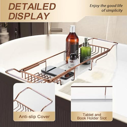 Bathtub Tray Stainless Steel with Marble Base Rose Gold Bathtub Tray with White Marble Base Adjustable & Rustproof Bath Caddy for Spa, Relaxation, Bath Bombs - color: Rose Gold