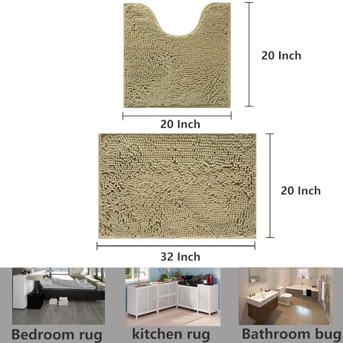 Bathroom Rugs Chenille, Extra Thick and Absorbent, Non-Slip, Machine Washable, Dry Quckily, Soft Cozy Plush, Used Under Shower Bathtub and Sink, Bath mat Sets Camel - color: Beige, size: 20 x 32 inch + 20 x 20 inch (U-Shape)