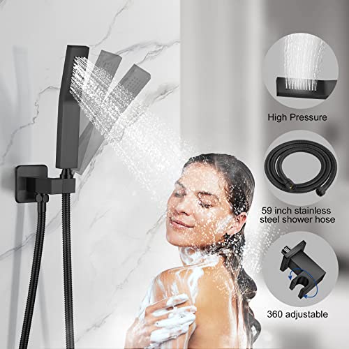 JOMEOO® 12 Inch Matte Black Shower System, Wall Mounted High Pressure Rain Shower Head with Handheld Sprayer, Bathroom Luxury Black Shower Head Shower Faucet Set Rough in Valve Body and Trim - color: Matte Black