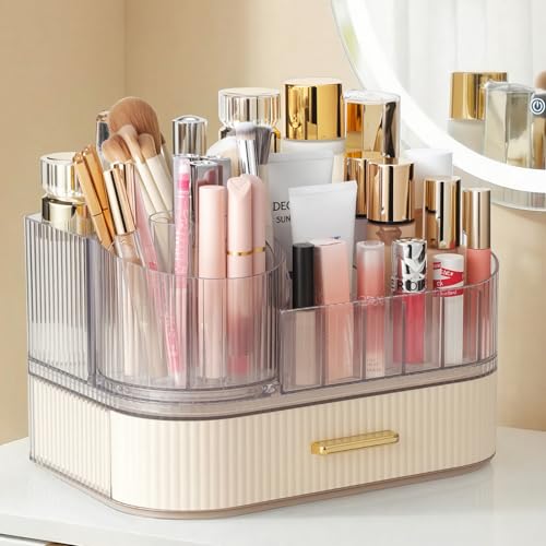 Delamu Rotating Makeup Organizer countertop, Brush Holder for Vanity, White | Stackable Drawer Makeup Storage for Skincare, Lipstick, Brushes & Perfume, Fits Dresser & Bathroom Countertop, Gift for Women - color: White