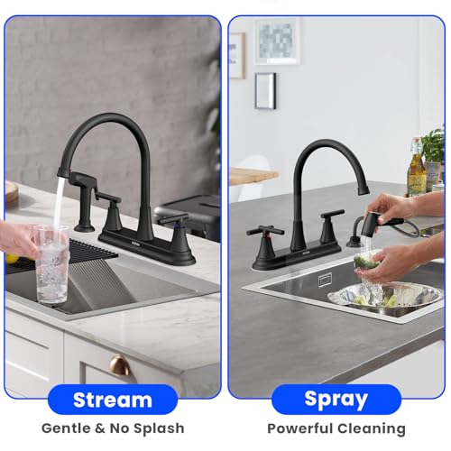 HURRAN 2-Handle Kitchen Faucet with Pull-Out Side Sprayer, 8 Inch High Arch Stainless Steel 360°Rotating Kitchen Sink Faucet, 4 Hole Faucet for Kitchen Bar Rv Camper, Black - color: Black, style: With Side Sprayer