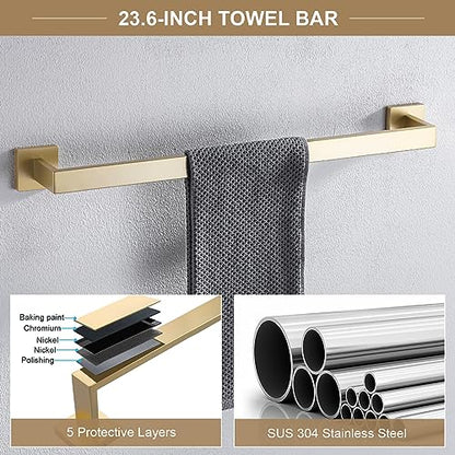 TQKAG 6-Piece Bathroom Towel Bar Sets Brushed Gold 23.6 inch Towel Bar Stainless Steel Towel Ring Coat Hook and Toilet Paper Holder Bathroom Hardware Set Wall Mounted Bathroom Accessories Kit | Stainless Steel, Wall Mounted Brushed Gold Bathroom Accessori