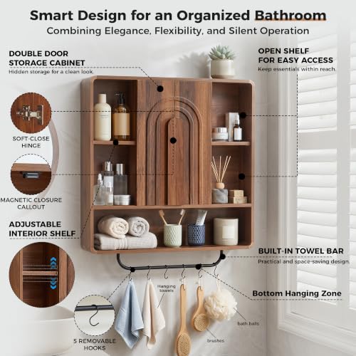 weselon 31.5" Bathroom Medicine Cabinet with Storage, Wall Mounted Over Toilet Cabinet with Towel Bar & 5 Hooks, Arched Fluted Double Doors, Adjustable Shelves & Open Storage (Walnut)