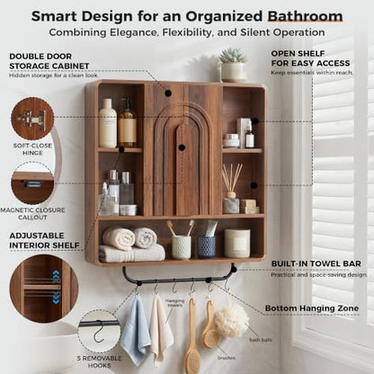 weselon 31.5" Bathroom Medicine Cabinet with Storage, Wall Mounted Over Toilet Cabinet with Towel Bar & 5 Hooks, Arched Fluted Double Doors, Adjustable Shelves & Open Storage (Walnut)