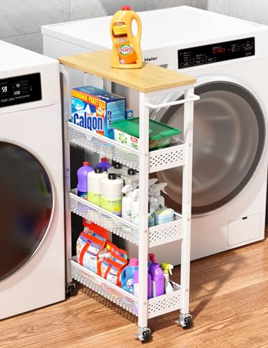 OKZEST Slim Laundry Room Organization Cart with Upgraded Metal Hub Casters | Fits between washer & dryer, 4-Tier space-saving narrow rolling cart, Premium wood top & metal mesh shelf, with handle & hook - color: White, size: 7.1 Inch Wide