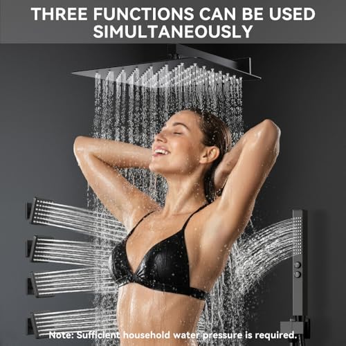 Thermostatic Shower System with Body Jets, STARBATH 12" Rain Shower with 2 in 1 Handheld, Can Use All at Once, Push Button Thermostatic Valve and Trim Kit Complete Shower Faucets Sets, Matte Black - color: Matte Black, size: 12"-05