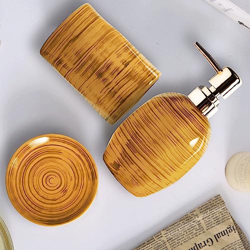Bathroom Accessories Set, 3 Pcs Marble Look Bath Set Soap Dispenser & Toothbrush Holder Set, Counter Top Restroom Apartment Decor Stuff, Ceramic Kits, Unique Gift, Yellow - size: Mustard