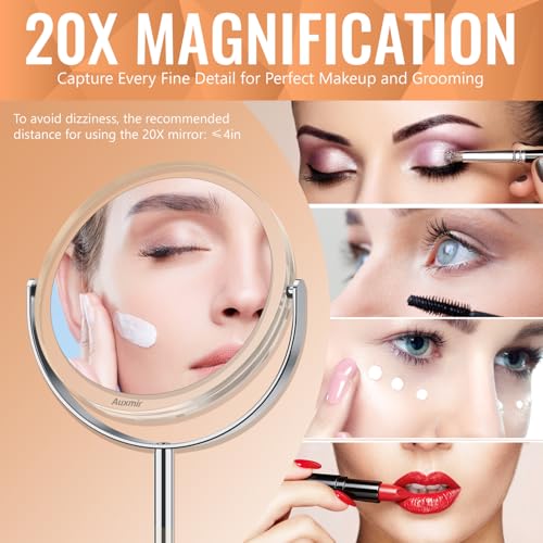 Auxmir 1X/20X Double-Sided Makeup Mirror, 8" Magnifying Mirror | 360°rotation, tweezers, vanity desk table stand travel, stainless steel and ABS construction, 20X magnification - color: 1x/20x-8 Inch