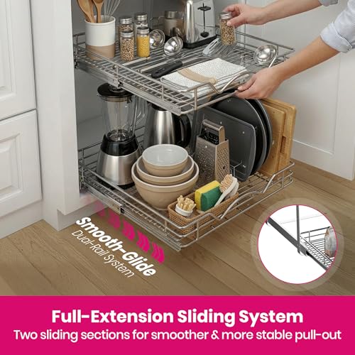 2-Tier Pull-Out Cabinet Organizer for Kitchen, 22" W x 21”D x 16.5" H | Full-Extension Sliding Shelves, Holds 100 lbs, Easy Install for Kitchen, Pantry & Under Sink Cabinets - size: 22 Inch