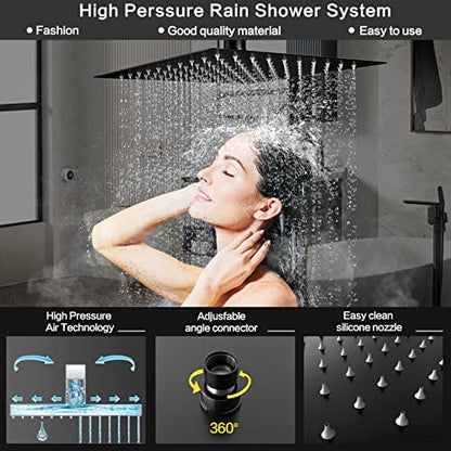 Matt Black Shower System Rain Faucet Set with Tub Spout, 10 inch | All-Metal Wall Mounted Bathroom Shower Faucet Set with Safe Pressure Balance Valve, Water Saving High Pressure Rainfall Head - color: Matte Black, style: 10in with Tub spout