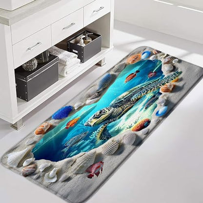 Sea Turtle Bath Mat Bathroom Rug, Ocean Beach Shell Tropical Fish Underwater World Summer Memory Foam Bathroom Kitchen Bedroom Livingroom Soft Floor Rug, 16"x47" - size: 16x47 Inch(40x120CM)