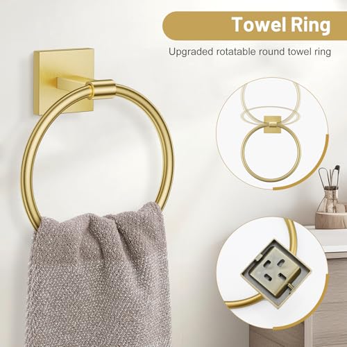 Towel Ring Set 4 Piece Bathroom Hardware Set Includes Towel Ring 2 Towel Hooks and Toilet Paper Holder Stainless Steel Wall Mounted (Brushed Gold) - color: Brushed Gold, size: Set D