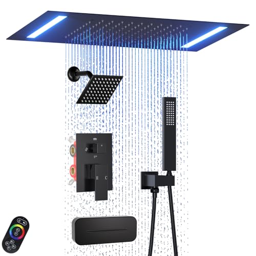 Enga Dual Rain Shower System with Up/Down Waterfall Bathtub Spout, Ceiling Mount 14 x 20 Inch LED Shower Head Rainfall Shower Faucet Set, Matte Black - color: Matte Black, style: 14X20" Led Shower - Tub Spout