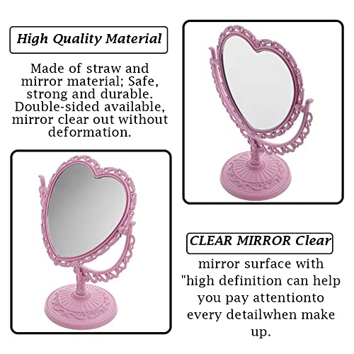 AKOAK Heart-Shaped Cosmetic Mirror, Pink | Plastic, Double-Sided, Rotatable, Lightweight - color: Pink