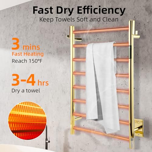 P&Dlusir EL13 Heated Towel Rack, Polished Gold, 8 Bar | Fast Heat in 2 Min, Smart Timer, Thermo Control, Memory Functoion, Stainless Steel, Hard-Wired/Plug-in - color: Polished Gold, size: 21.65"W x 31.54"H