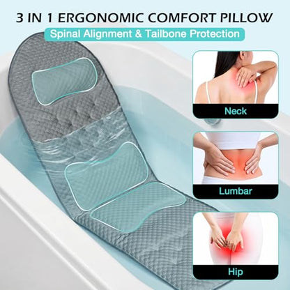 Full Body Bath Pillow for Bathtub, Thick Soft Tub Cushion with Non-Slip Suction Cups Dual Hooks, Luxury Spa Pillow for Neck Back and Hip Support, 53" x 17" - color: Grey