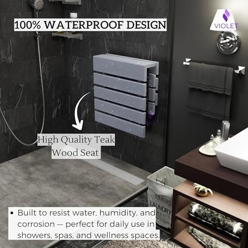 Folding Wall Mounted Teak Wood Shower Seat with Backrest, Water Resistant Foldable Bathroom Stool with Legs, Premium Materials Handmade Shoe Changing Bench, Space Saving and Super Safe Chair (Gray) - color: Gray