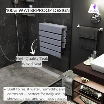 Folding Wall Mounted Teak Wood Shower Seat with Backrest, Water Resistant Foldable Bathroom Stool with Legs, Premium Materials Handmade Shoe Changing Bench, Space Saving and Super Safe Chair (Gray) - color: Gray