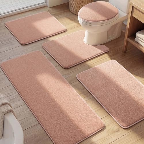 Bathroom Rug Set 5 Piece, Memory Foam Pink Bath Mat Set Non-Slip Quick Dry Absorbent Bath Mats for Bathrooom - color: Pink, size: 5pieces