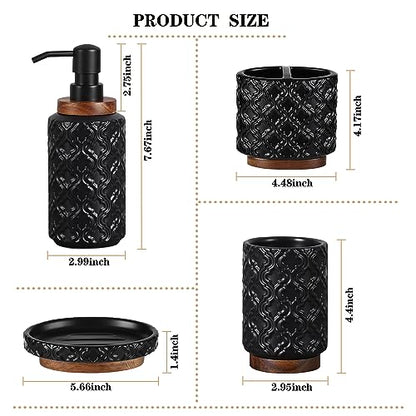 RQYIXI Ceramic 4-Piece Bathroom Accessories Set,Matte Black | Countertop Essentials Embossed Textured Design Solid Wood Non-Slip Detail Matte Black Finish - color: Black, size: Embossed Textured-4-Piece