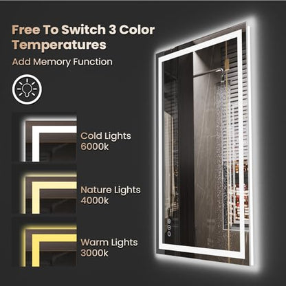 Snowdool 48 x 32 in LED Bathroom Mirror, Front and Backlit, Anti-Fog | Front and Backlit, 3 Color Temperatures, Anti-Fog, Tempered Glass - size: 32"L x 48"W