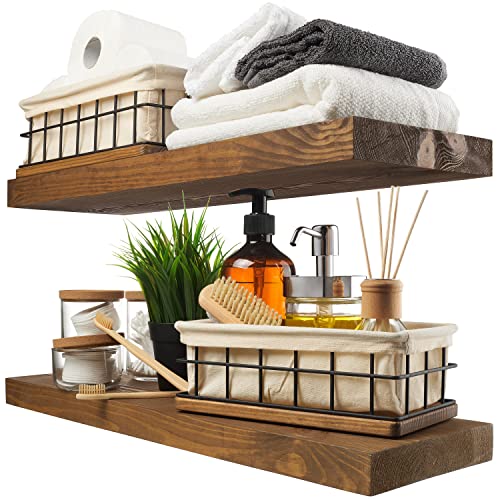 Solid Wood Floating Shelves for Wall 24 Inch Walnut, Wooden Bathroom Shelf | Real Wood, Wall Mounted, Rustic Farmhouse, Bedroom Kitchen Living Room, Walnut Finish, 24W x 6,7D, Set of 2 - color: Walnut, size: 24 Inch