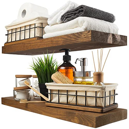 Solid Wood Floating Shelves for Wall 24 Inch Walnut, Wooden Bathroom Shelf | Real Wood, Wall Mounted, Rustic Farmhouse, Bedroom Kitchen Living Room, Walnut Finish, 24W x 6,7D, Set of 2 - color: Walnut, size: 24 Inch