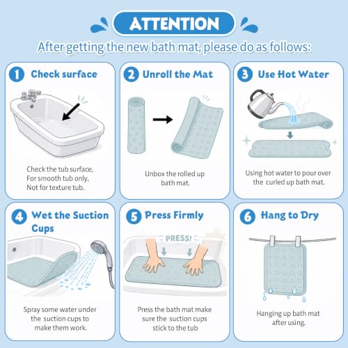 Baby Bath Mat for Tub Non Slip Kids, BPA Free Extra Long Bathtub Mat 40x16 with Drain Holes and 200 Suction Cups, Non Toxic Machine Washable Toddler Bath Mat, Eco-Friendly Certified - color: Light Blue Elephant