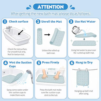 Baby Bath Mat for Tub Non Slip Kids, BPA Free Extra Long Bathtub Mat 40x16 with Drain Holes and 200 Suction Cups, Non Toxic Machine Washable Toddler Bath Mat, Eco-Friendly Certified - color: Light Blue Elephant