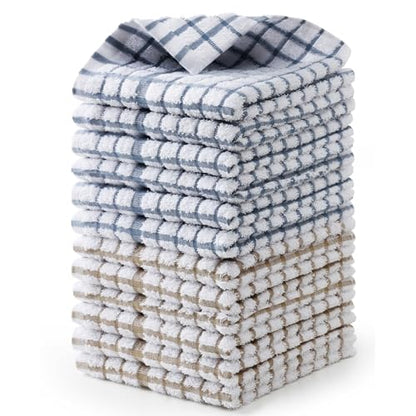 Egles 12 Packs Kitchen Dishcloths, 12" x 12" 100% Cotton | with Hanging Loop, Soft and Absorbent Terry Dish Cloths, Quick Drying Grid Dish Towel Set - color: Grey & Khaki, size: 12"x12" - 12 pcs