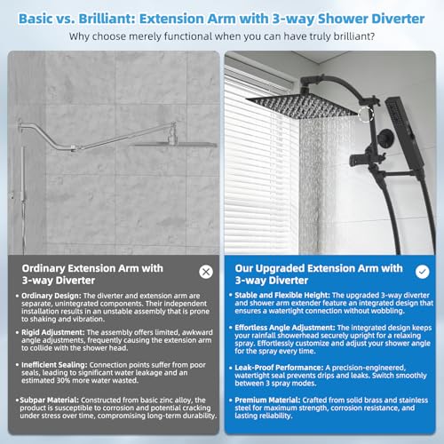Hibbent All Metal CUPC Certified 8'' Rainfall Shower Head, Dual Shower Head Combo, High Pressure Handheld 4 Sprays Shower Wand, 16'' Adjustable Extension Arm, 71'' Hose, Shower Holder, Matte Black - color: Matte Black, style: Square 8''