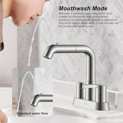 Brushed Nickel Pull Down Centerset Bathroom Faucet 2 Handle 3 Hole | Pull Out Bathroom Faucet with Pop Up Drain & Supply Lines, Lead-Free cUPC & NSF Certified, 4 Inch Faucet for Vanity RV Sink - color: Brushed Nickel