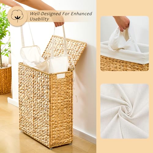 Handwoven Slim Laundry Hamper with Lid, Narrow Wicker Laundry Basket, Natural Water Hyacinth Basket and Handleswith Removable Liner Bag & 2 Mesh Bags (Natural with Lid, 55L) - color: Hyacinth with Lid, size: 55L