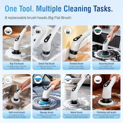 Electric Spin Scrubber, Cordless Cleaning Brush with 8 Replaceable Heads, Five-Speed Power Scrubber with Adjustable Handle for Bathroom, Tub, Floor, Tile & Car – Clean Without Bending
