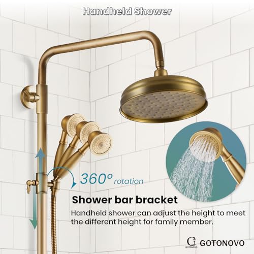 gotonovo Exposed Shower System Wall Mount,Antique Brass,Metal Handheld | 8” Rain Shower Head Faucet Set Fixtures,2 Function,Two Cross Handle,Height Adjustable,for 5-6.7" Hole,Indoor Victorian Retro - color: Antique Gold