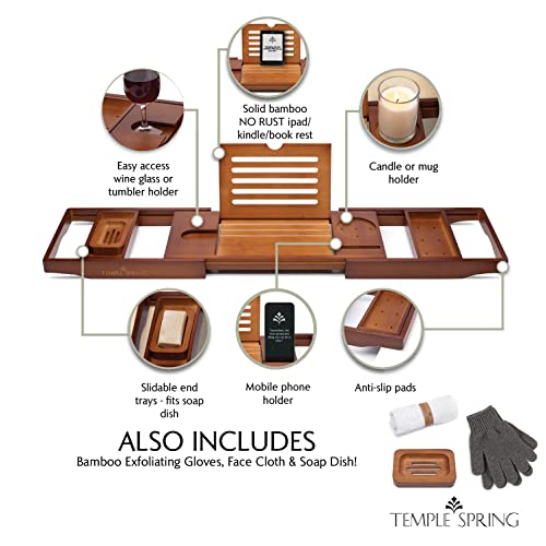 Bamboo Bathtub Tray Caddy for Tub — Expandable Wood Bath Tray with Solid Book Stand Wine Holder and Non-Slip Pads — Includes Bamboo Soap Dish and Spa Accessories — Luxury Bath Gift Set - color: Brown